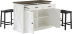 Crosley Furniture Clifton Kitchen Storage Island, Microwave Stand, Coffee Bar and Set of 2 Upholstered Saddle Stools, Distressed White/Black