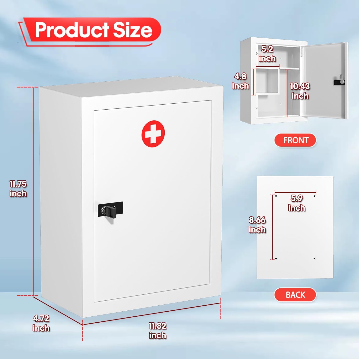 Wall-Mount Locking Medicine Cabinet: Large Metal Storage Organizer Box with Combination & Key Lock - First Aid Medicine Cabinet 3-Compartment Design for Bathroom Home (15.75" H x 11.82" W x 4.72" D)