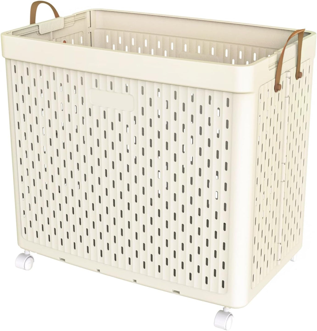 UAK Laundry Basket with Wheels, Collapsible Plastic Laundry Hamper with Handle, Foldable Laundry Basket Organizer for Laundry and Bathroom Ivory, XXXXL (110L)