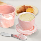 Ceramic Butter Crock with Lid & Spreader Knife, Butter Keeper - Ideal Butter Storage & Countertop Butter Dish (Marble Pink with Marble Pink Knife, M)