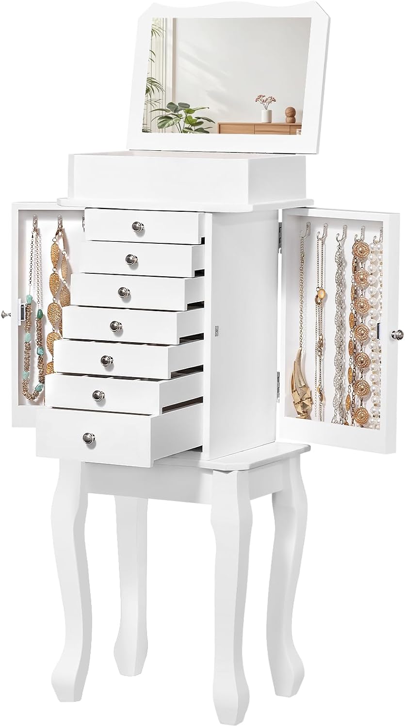 Emfogo Standing Jewelry Armoire Cabinet, Large Standing Jewelry Organizer Box with Top Flip Mirror, 7 Drawers & 2 Side Doors, Jewelry Chest for Rings Earrings Necklaces Bracelets Watches Glasses