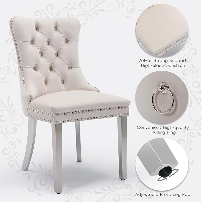 Velvet Upholstered Dining Chairs Set of 2, Modern Style Kitchen Side Chairs w...