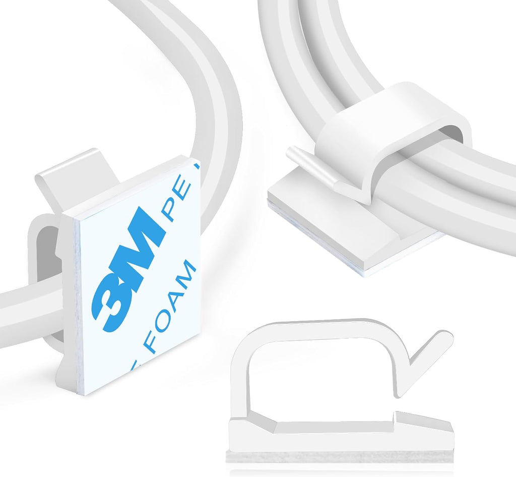 120 Pcs XHF Adhesive Cable Wire Clips White, Cable Staples Outdoor Cable Management Wire Organizer Cord Holder for Under Desk, Car, Wall, TV PC Ethernet Cable