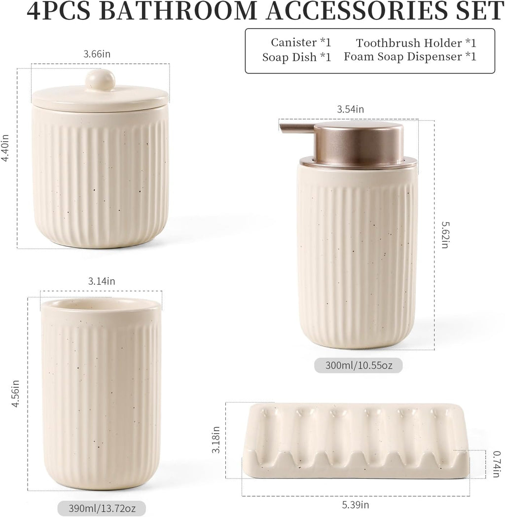 BosilunLife Bathroom Accessories Set - Ceramic Bathroom Set Bathroom Decor Sets Bathroom Counter Foam Soap Dispenser and Toothbrush Holder Set, Soap Dish, Apothecary Jar (Striped Apricot)
