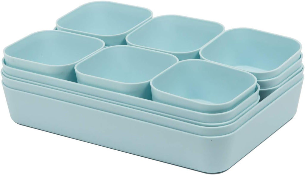 Set Of 12 Blue Color Plastic Desk Drawer Organizers For Makeup Bathroom Office Kitchen Vanity Drawer Storage Box Container