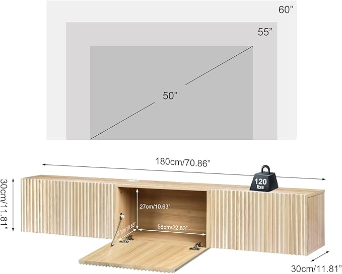 ZYBT Floating TV Stand, Modern Wall Mount Entertainment Center TV Shelf, 70.7" Media Console Under TV Storage Cabinet with Fluted Doors, TV Consoles for Living Room, Floating Cabinet for Wall (Oak)