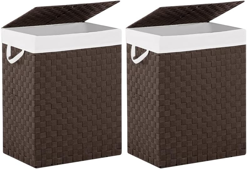 Foldable Laundry Hamper Basket with Lid by Fiona's magic, Handwoven 96L Large Clothes Hamper with Removable Liner Bags, Collapsible Tall Hamper for Bedroom, Bathroom and Dorm Organizer, 2Pack, Brown