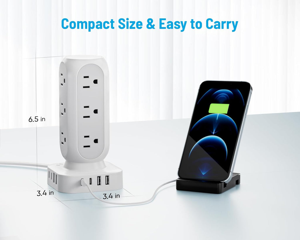 Tower Surge Protector Power Strip, 10FT Extension Cord with Multiple Outlets, Flat Plug Outlet Extender with 12 AC Outlets & 8 USB Ports, 24W Total Charging Station for Home Office Dorm Room