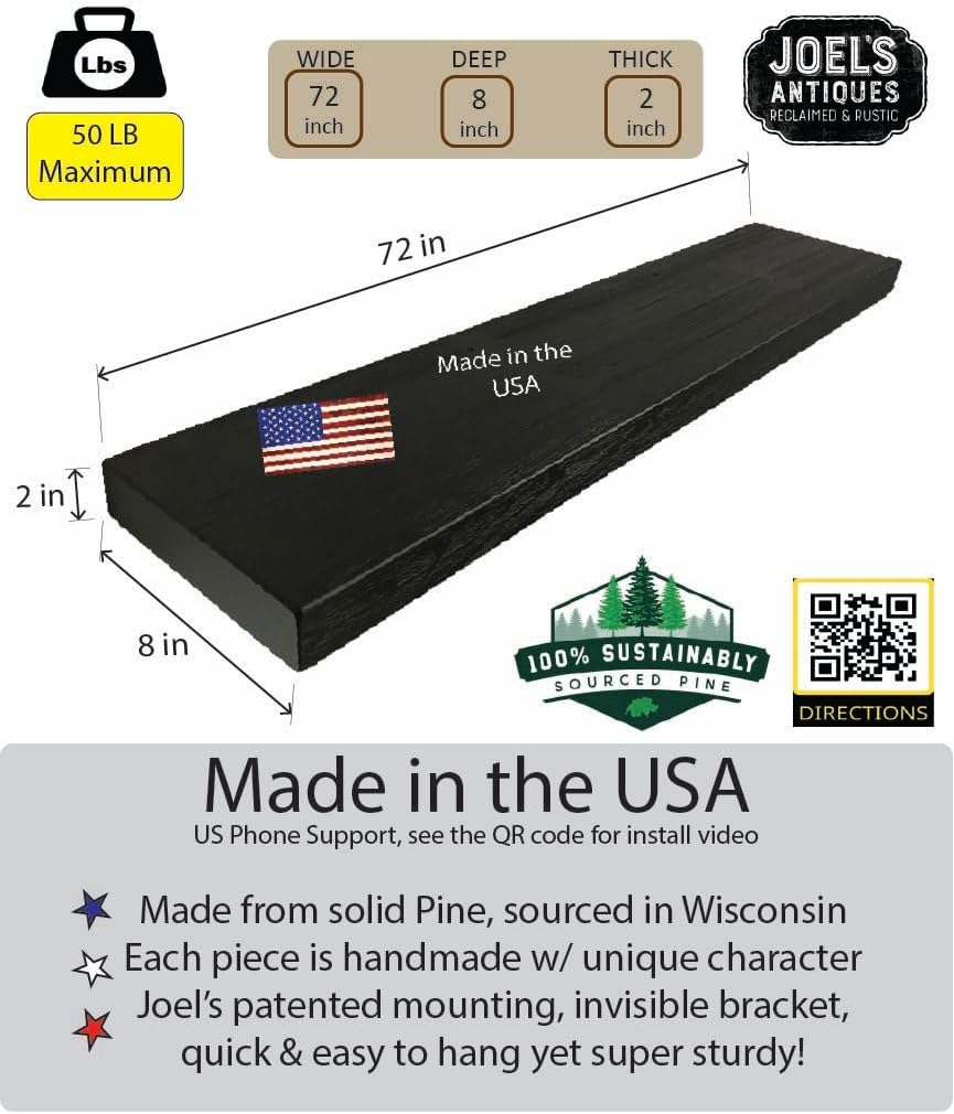 joelsantiques 72 Inch Wooden Floating Shelves for Wall - 72x8x2 in - Made of ...
