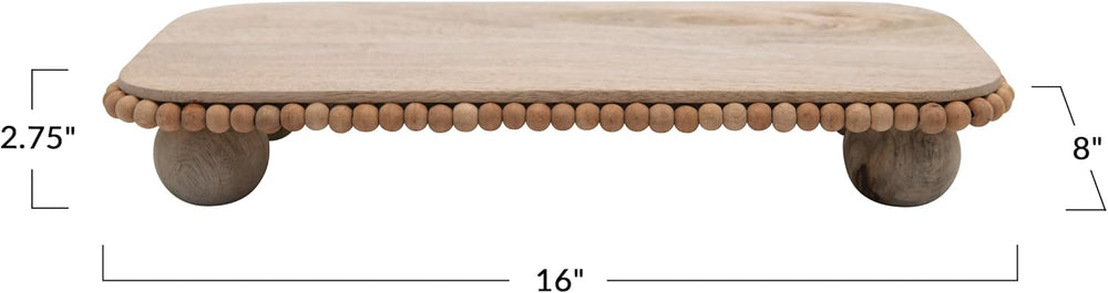 Mango Wood Pedestal with Wood Beads; Modern Footed Serving Tray/Decorative Wo...