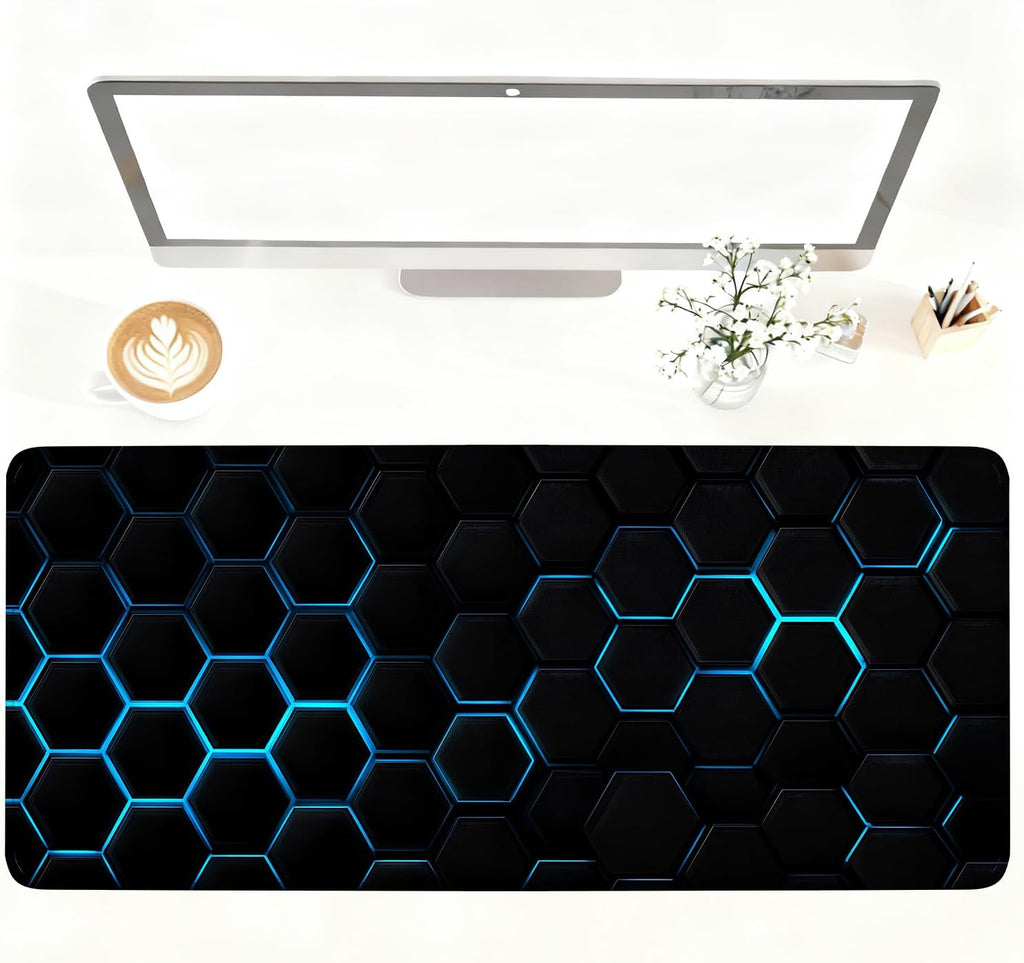Gaming Mouse Pad – Large Extended Desk Mat35.43 x 15.75 in – Futuristic Black Honeycomb Design with Blue Glow, Non-Slip Base, Waterproof Surface, Keyboard & Mouse Pad for Gaming or Office