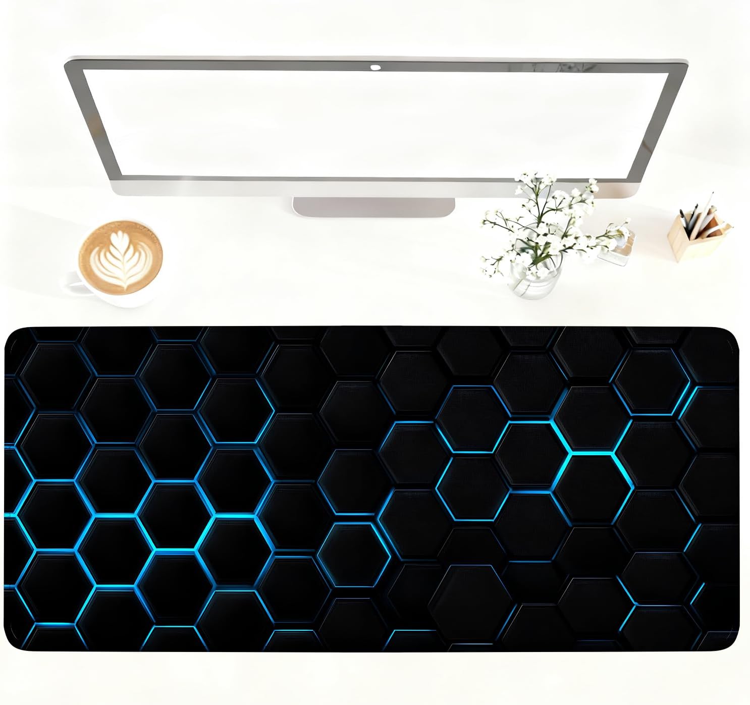 Gaming Mouse Pad – Large Extended Desk Mat35.43 x 15.75 in – Futuristic Black Honeycomb Design with Blue Glow, Non-Slip Base, Waterproof Surface, Keyboard & Mouse Pad for Gaming or Office