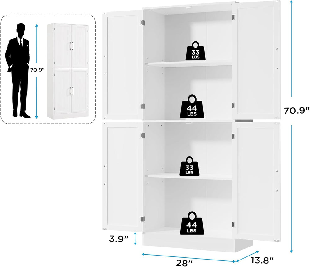 MHOM 71" Tall White Pantry Cabinet, Farmhouse Storage Cabinet with 4 Doo...