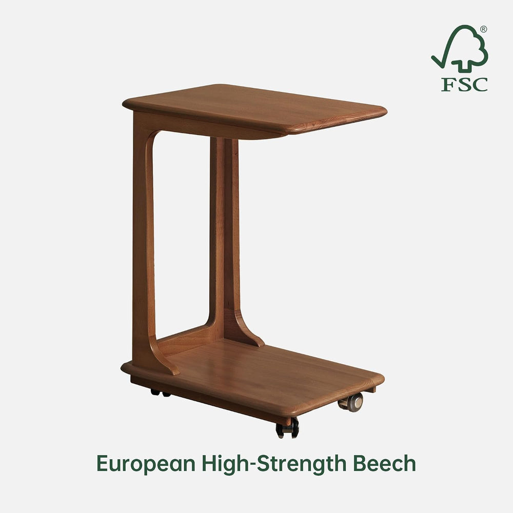 YESWOOD 100% Solid Wood C Shaped Side Table with Wheels, Small Side Table for...