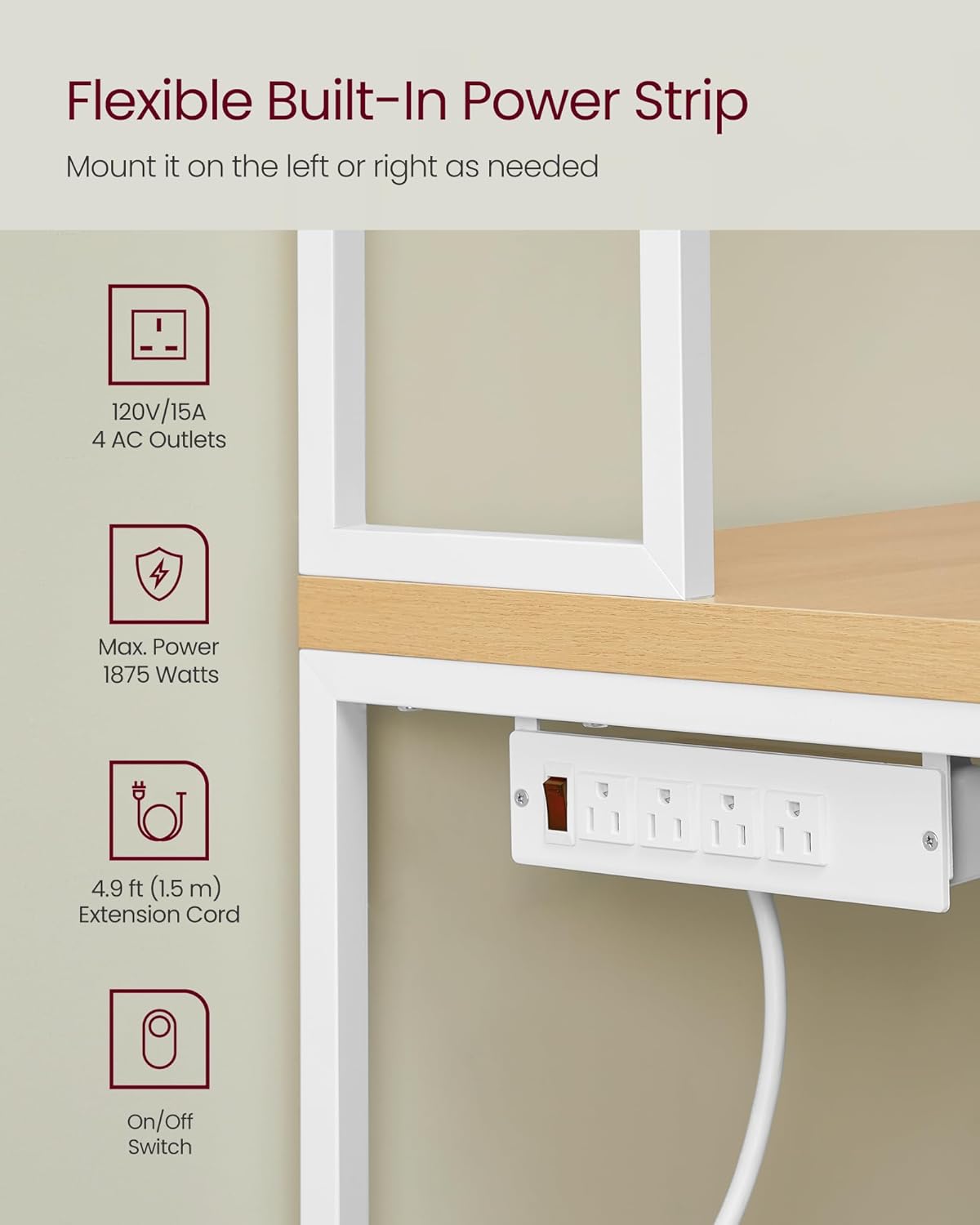 VASAGLE Kitchen Bakers Rack with Power Outlet, Coffee Bar with 35.4-Inch High Worktop, Microwave Stand with 8 Hooks, 15.7 x 31.5 x 66.9 Inches, Golden Oak and Cloud White UKKS059Y01