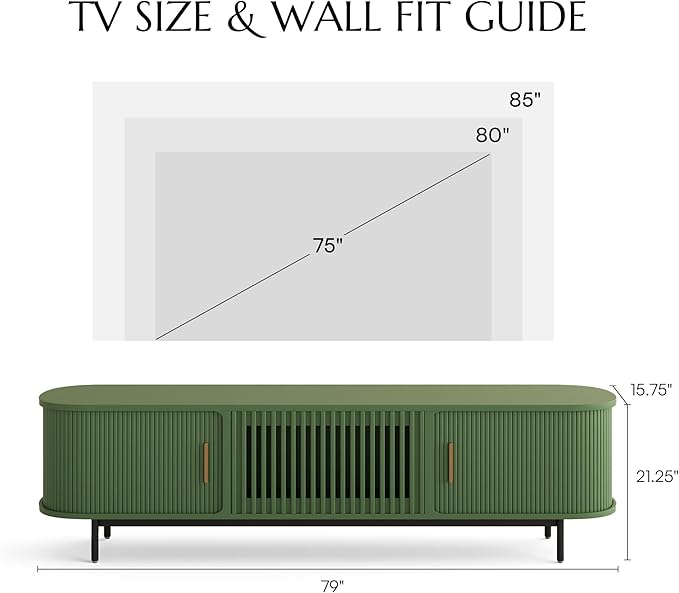 POVISON Fully-Assembled Modern Green TV Stand with Tambour Doors, Fluted TV M...