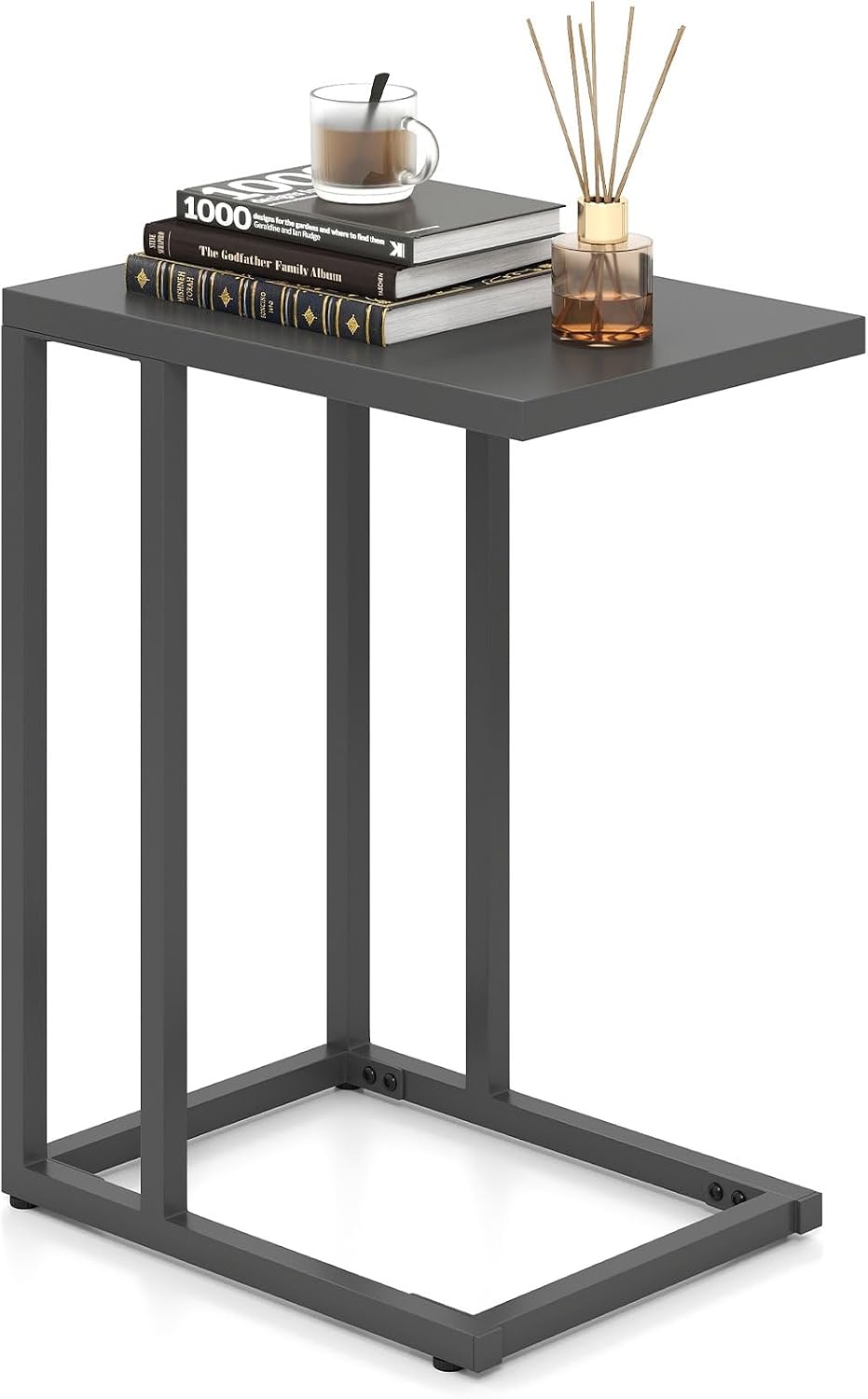 HAPPYGRILL C-Shaped Side Table with Metal Frame, Adjustable Foot Pads, Small ...