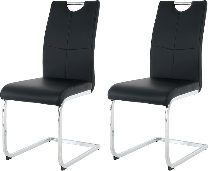 Goujxcy Dining Chairs Set of 2, Modern High Back Kitchen Chairs with Metal Legs and Faux Leather Padded Seat Upholstered Dining Chairs for Dining & Kitchen,Living Room (Black&Silver, Set of 2)