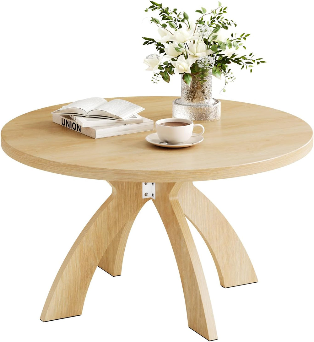 VINGLI 31.5" Round Coffee Table with Cross Legs, Wood Coffee Table, Oak ...