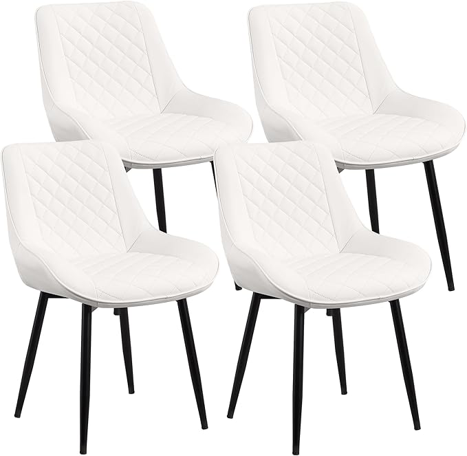 Dining Chair Set of 4, Modern Dining Chairs with Thick Cushions, Faux Leather Upholstered Kitchen Dining Room Chairs with Metal Adjustable Legs for Dining Living Room, White