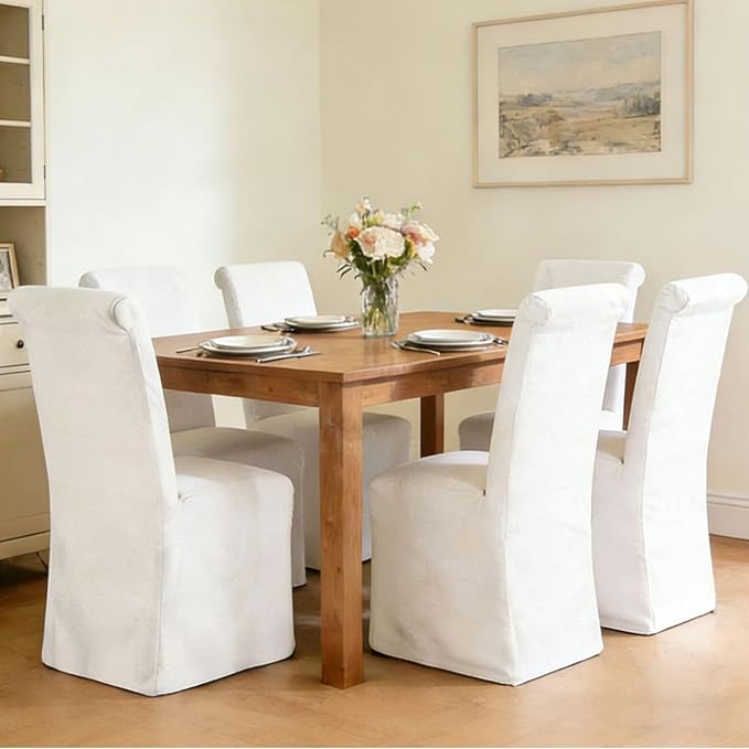 Slipcovered Dining Chairs Set of 6, Parsons Dining Chair with Removable Skirte Upholstered Linen Fabric Kitchen Chairs for Dining/Living Room, Banquet, Solid Wood, Beige