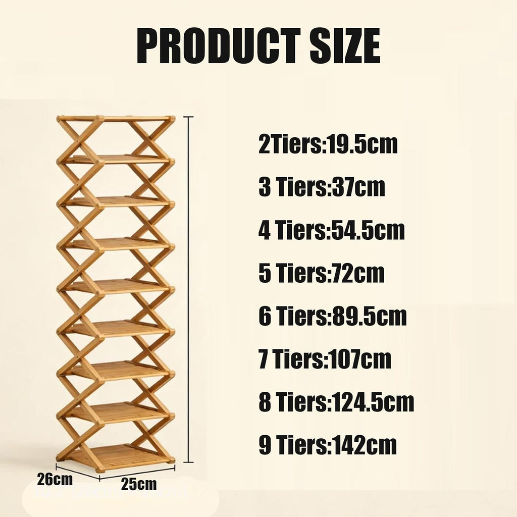 Foldable Shoe Rack, 9-Tier Bamboo Vertical Shoe Organizer, Narrow Space-Saving Shelf, No-Tools Assembly, Expandable Storage for Closet, Entryway, Corner, Bedroom (Brown, 9 Tire)