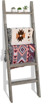 Blanket Ladder, 5ft Rectangle Rung Rustic Solid Wood Decor Rack, Grey | 5 rungs, farmhouse quilt display holder, showcase picture frames or plants, leaning wall, bathroom and living room use