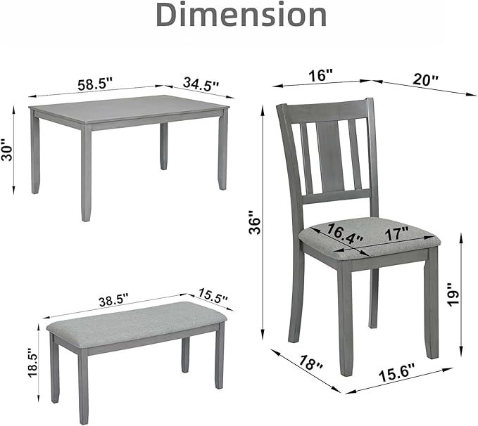 Dining Table Set for 6, 6-Piece Kitchen Table Chairs Set with Rectangular Table, 4 Slatted Upholstered Chairs and Bench, Wooden Farmhouse Rustic Style Kitchen Dining Set for 6 Person, Gray