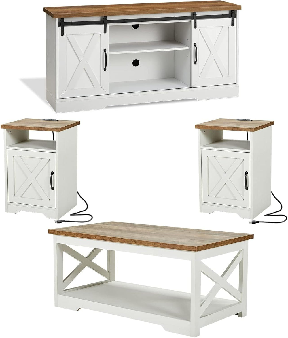 AMERLIFE 4 Piece Farmhouse Table Set with 66" TV Stand, Distressed White...