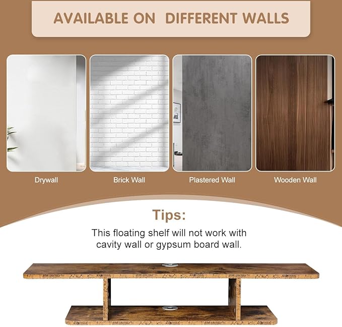 GHC Floating TV Stand, Wall Mounted Entertainment Center and Cabinet Shelf, TV Console with Storage, Media Console for DVD Player, Space-Saving Under TV Shelf for Bedroom (Rustic Brown)