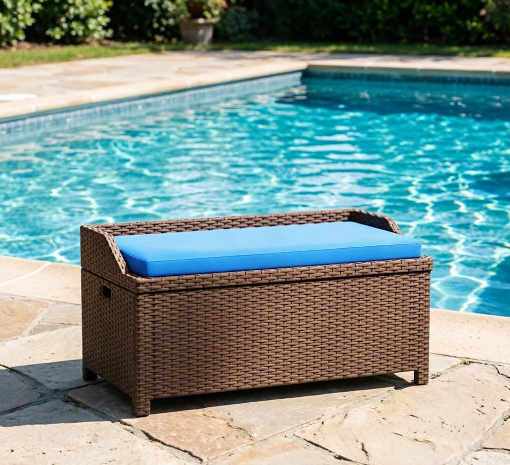 2-in-1 Outdoor Wicker Storage Bench with Cushion - 34 Gallon Patio Deck Box w...
