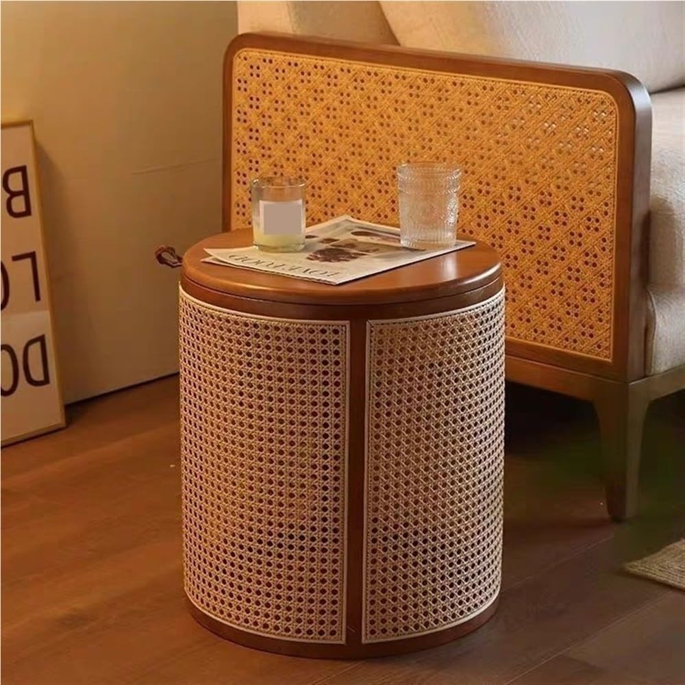 Round Wood Rattan Side Table Japanese Style Small Coffee Table with Storage B...