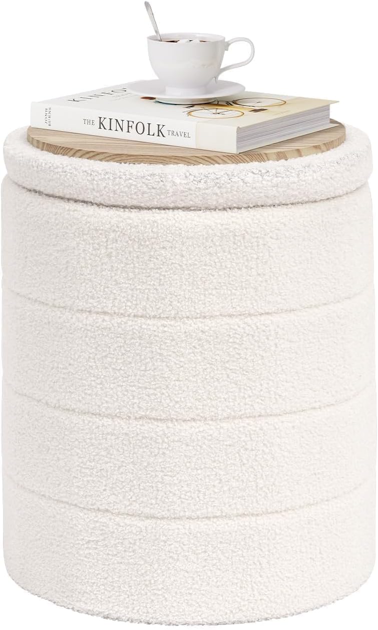 PINPLUS Round Storage Ottoman Foot Rest Stool with Tray Velvet Sherpa Folding...