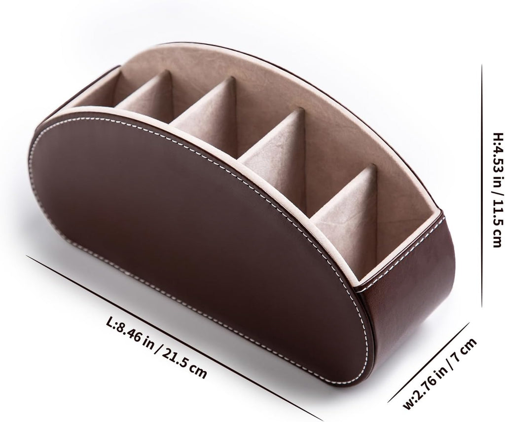 Remote Control Holders Organizer Box with 5 Compartment PU Leather Multi-functional Office Desk Storage Caddy Store Tv Remote for Media Player,Brush,Pencil,Glassees&Office Supplies (Dark Brown)