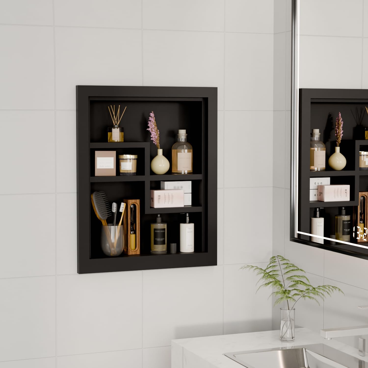 Solid Wood 14 X 18 Recessed Medicine Cabinet,2-Tier, Medicine Cabinet Organizer,Wall Niche, Bathroom Wall Cabinet, Recessed Bathroom Cabinet, Bathroom Cabinet with Storage Black