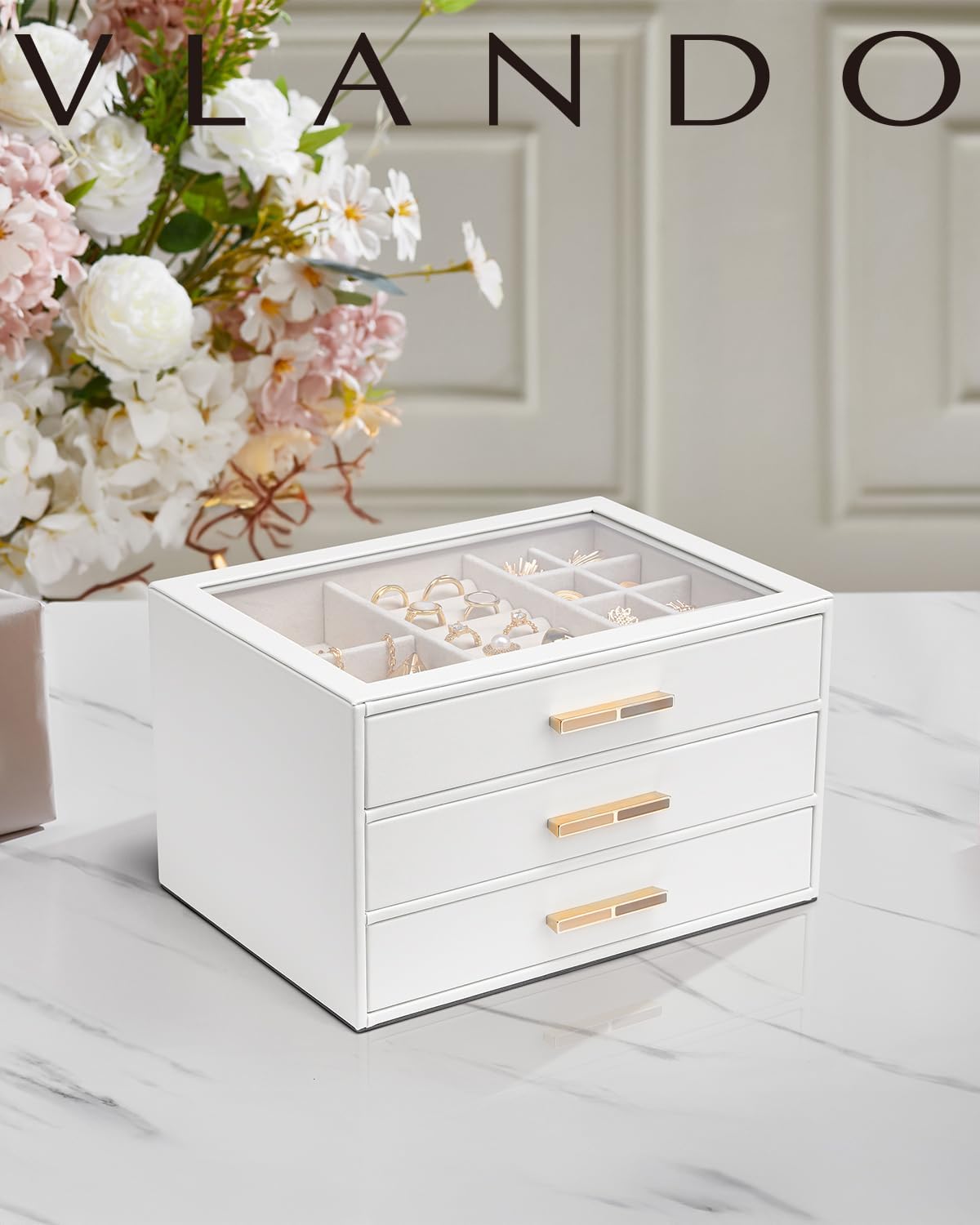 VLANDO Jewelry Box for Women, Glass Lid Jewelry Organizer with 3 Drawers for Necklaces Rings Earrings Bracelets Christmas Gift - White