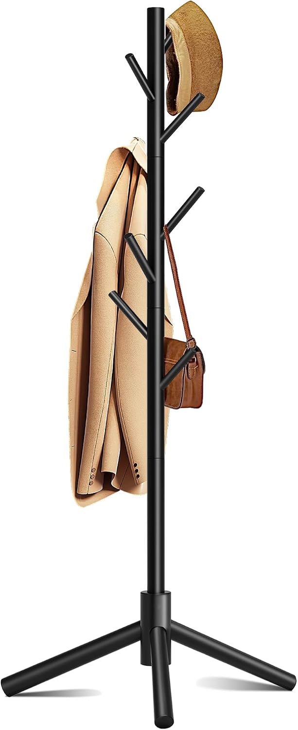 Coat Rack, Coat Racks Freestanding with 8 Hooks 3 Adjustable Heights for Clothes, Hats, Handbags, Coat Tree Easy Assembly for Entryway, Bedroom, Hallway, Office(Black)