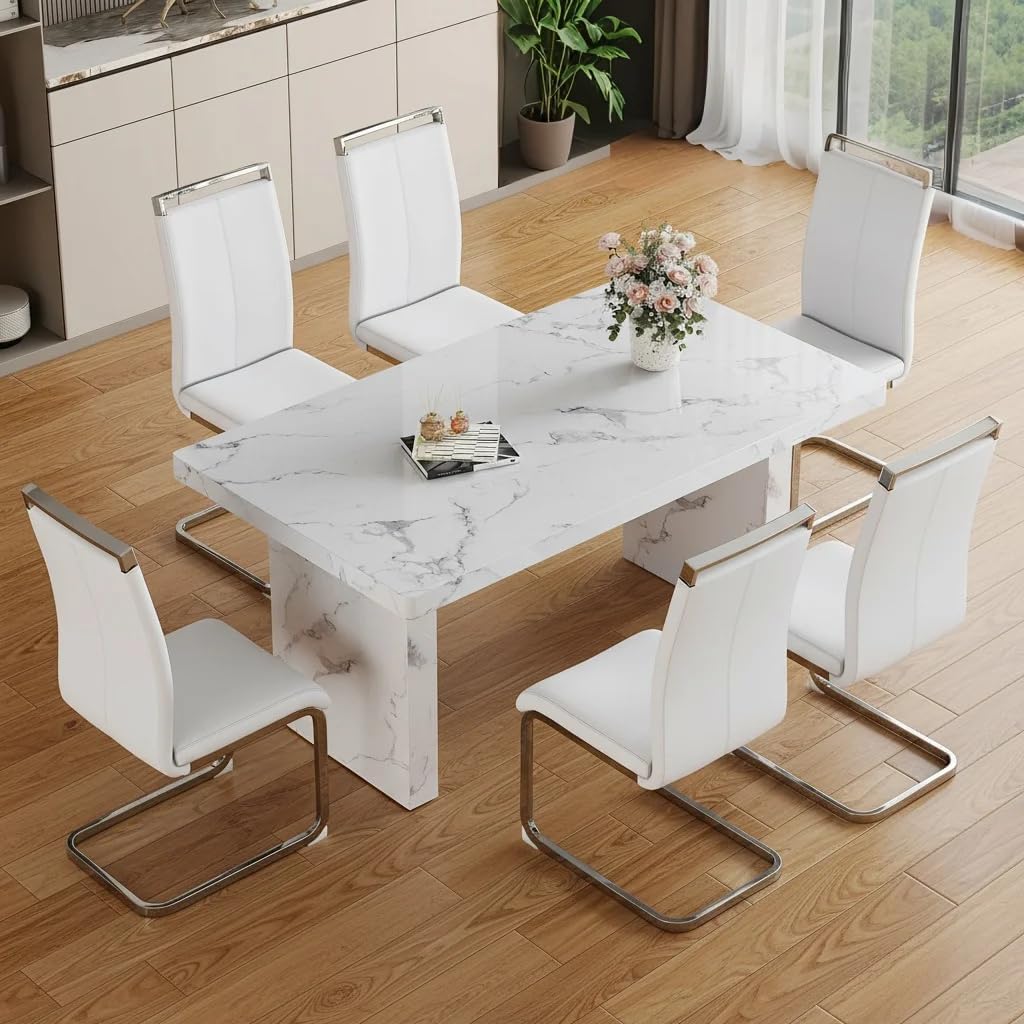 Modern Dining Table Set for 6, 63“ Dinner Table Set for 6, Marble Pattern MDF Kitchen Table Top and Base, Modern Dining Table Set with White Upholstered PU Leather Chairs,Easy Assembly
