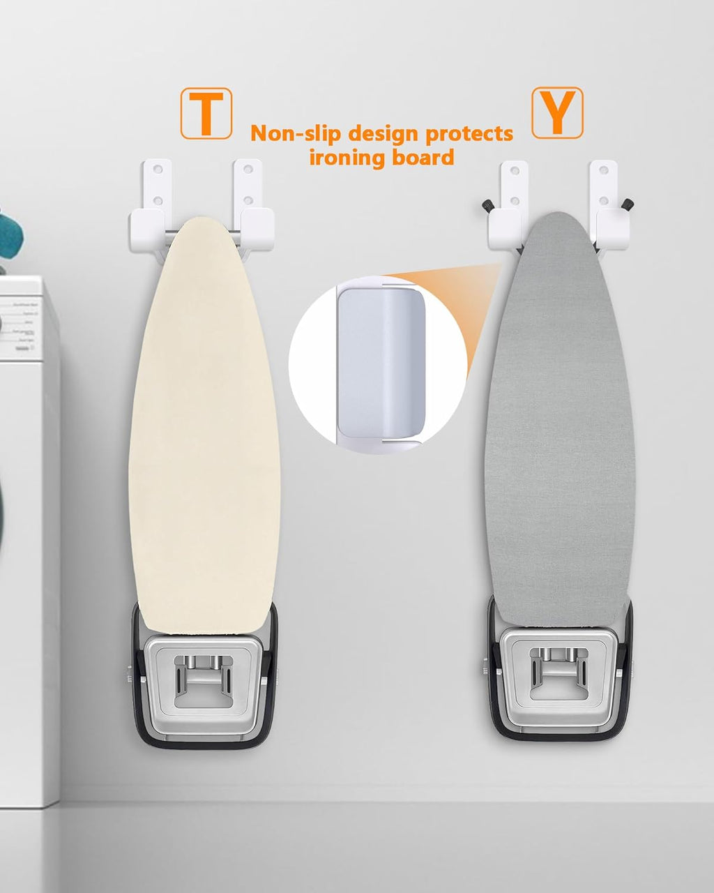 2PCS Ironing Board Holder Wall Mount White, Stainless Steel Ironing Board Hanger for Laundry Room, Adjustable Distance Holder Hook