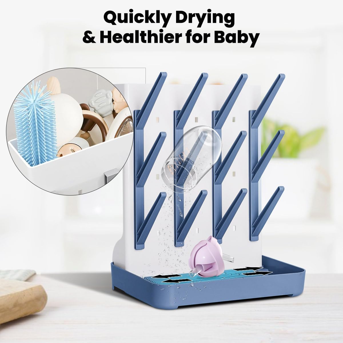 Baby Bottle Drying Rack: Vertical Space Saving Large Bottles Holder - Standing Boon Dryer Rack Baby Accessory - Countertop Holds Up to 12 Bottles & Pump Part Cleaning & Cup (Blue) (Blue)