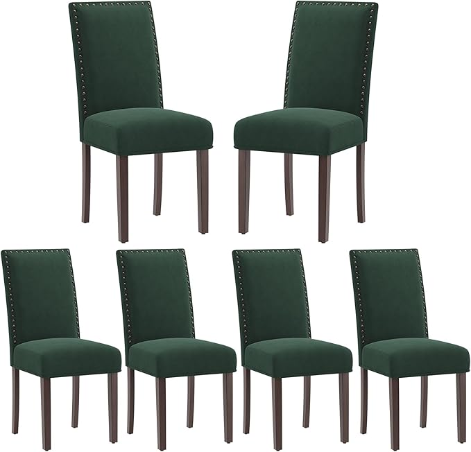 COLAMY Green Velvet Dining Chairs Set of 6 – Upholstered Kitchen & Dining Room Chairs with Nailhead Trim, Soft High-Density Cushion and Solid Wood Legs for Dining Room, Kitchen, Living Room