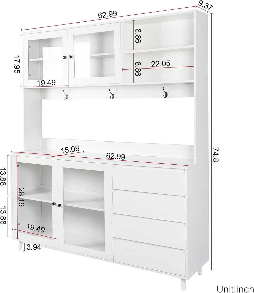 74.8" Tall Freestanding Pantry Cabinet, Large Kitchen Pantry Storage Cabinet with 4 Doors, 4 Drawers and Microwave Rack, Modern Kitchen and Dining Room Furniture (White)