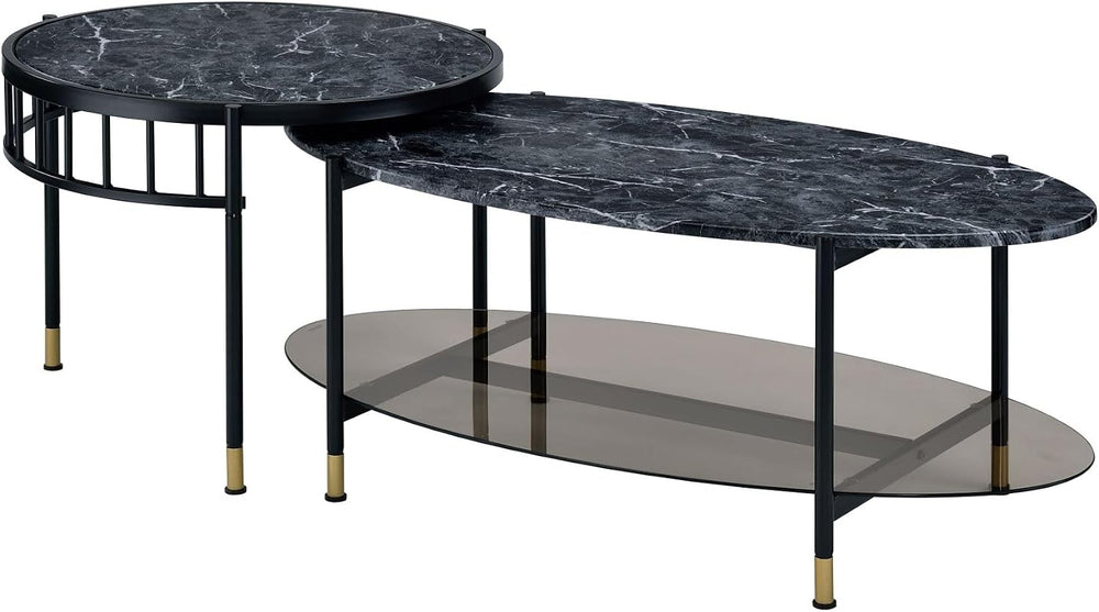 Engineered Stone Top & Black Finish Nesting Table Set | Dual-table nestin...