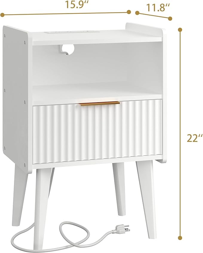 Fluted Nightstand with Charging Station, Modern Bedside Table with Drawer,Whi...