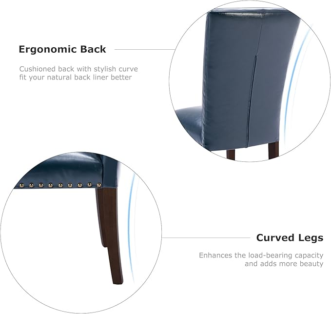 COLAMY Upholstered Parsons Dining Chairs Set of 6, PU Leather Dining Room Kitchen Side Chair with Nailhead Trim and Wood Legs - Blue