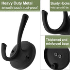 Black Towel Hooks, 2 Pack Coat Robe Hook Heavy Duty Metal Double Bathrobe Hook Wall Mounted, Hand Towels Hooks for Cubicle Bathroom Kitchen Closet Garage