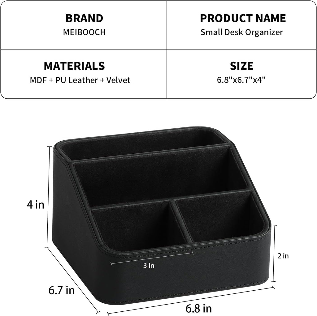 Remote Control Holder, PU Leather Small Desk Organizer with 4 Compartments, Nightstand Organizer Desk Caddy for Remote, Notepad, Phone, Glasses, and Accessories (Black)