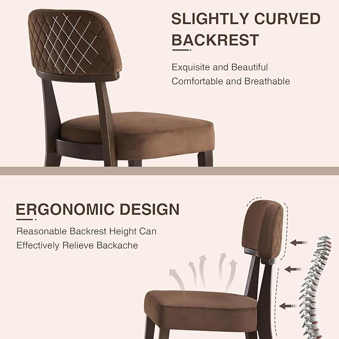 Modern Wood Dining Chairs Set of 4, Velvet Upholstered Kitchen Chairs with Open Curved Backrest & Black Hardwood Legs for Vanity, Living Room, 350 LBS Capacity, Brown