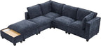 Merax Modern 90" U-Shaped Chenille Sectional Sofa Set, Modular Sofa Couch with a Movable Ottoman, a Coffee Table with Hidden Charging Devices for Living Room, Blue