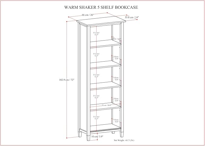 SIMPLIHOME Warm Shaker Bookcase - 72 inch Tall 5-Shelf Solid Wood Bookshelf in Light Golden Brown, Transitional Storage for Living Room, Study Room or Office with Adjustable Shelves and Tapered Legs